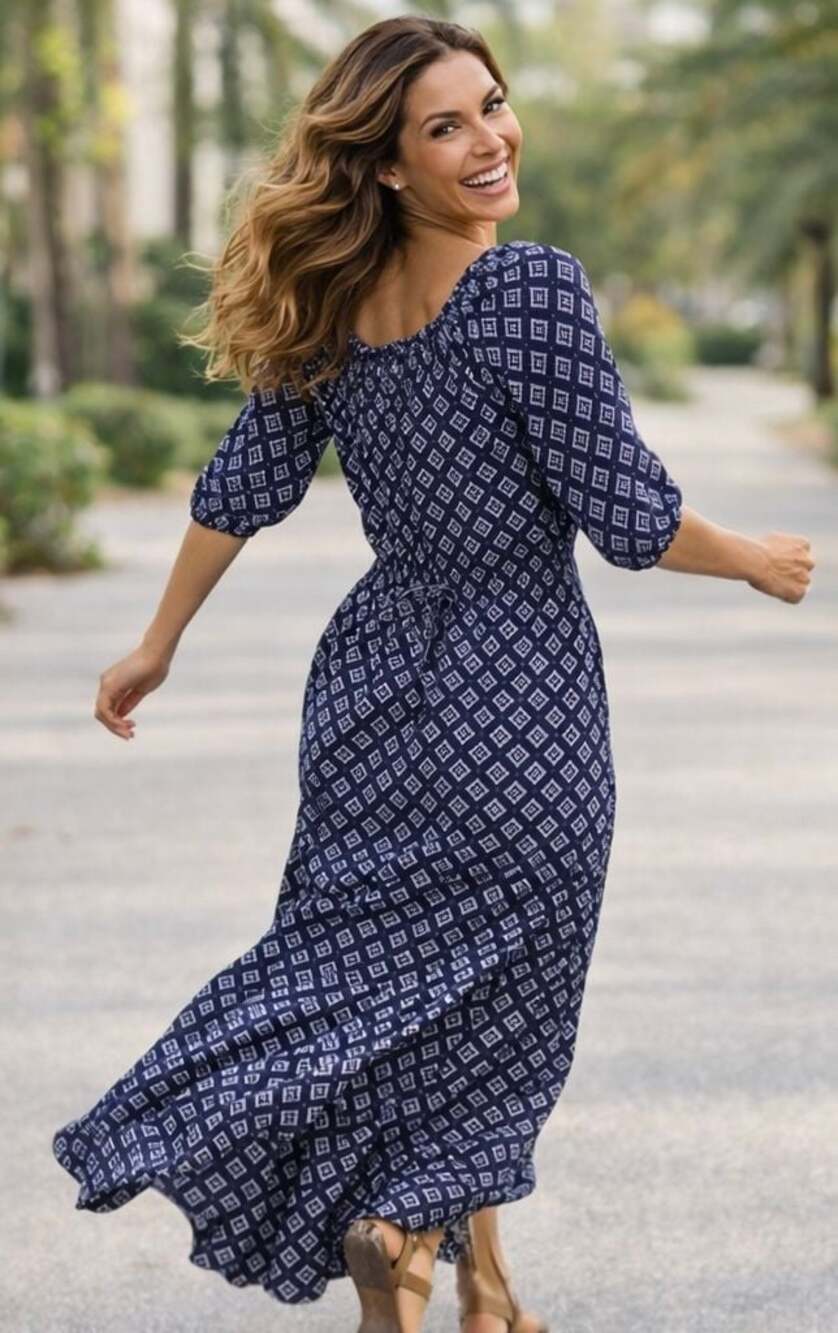Neiman MarcusGeometric Maxi Dress with drawstring waist XL navy white Chic